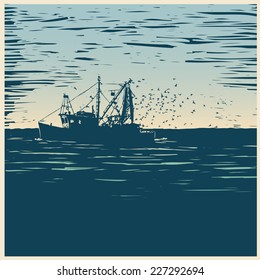 fishing schooner, sea and sea gulls. linocut style. vector illustration