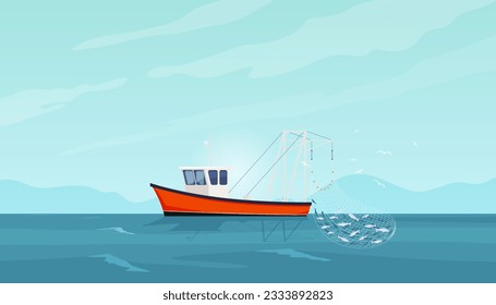 Pescando barcos de mar. Pesca comercial en grandes cantidades. Fondo marino con barco de pesca. Ilustración del vector