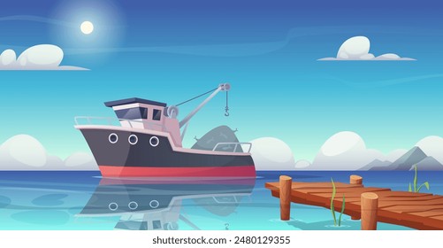 Fishing in sea. Cartoon background of marine landscape with fisher boats and nets exact vector template