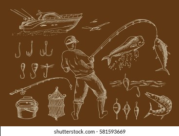Fishing in the sea. Outline set