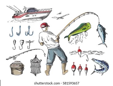 Fishing in the sea. Set