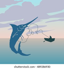 Fishing sea swordfish flat design poster colorful vector illustration with fisherman