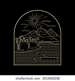 fishing in the sea under the mountain in the scenery line art style design vector illustration