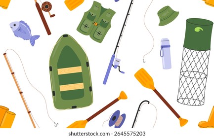 Fishing seamless pattern. Angling and spinning equipment background. Fish, inflatable rubber boat and oars, net marine, rod, reel, fish tackles, vest, boots. Hand drawn flat vector illustration
