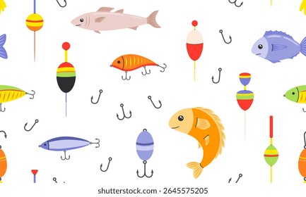 Fishing seamless pattern. Angling and spinning equipment background. Fish, hook, lure, bait, bobber. Hand drawn flat vector illustration