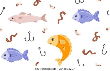 Pesca sem costura padrão. Fundo do equipamento de ângulo e de fiação. Peixe, anzol, isca, vermes. Ilustração de vetor plana desenhada à mão