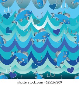 Fishing seamless pattern background illustration with fishes, sea waves,  hook, love hearts.Vector fishing sea texture for prints, textile, wallpapers, fabric, card, banners, cloth, cotton, cover,wrap