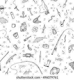 Fishing seamless pattern in doodle style.You can use each element separately.