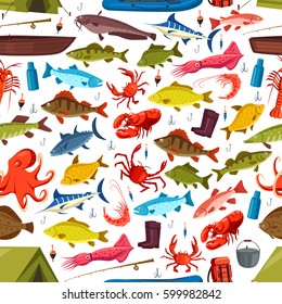 Fishing seamless pattern of fish and mollusks catch. Vector seafood crab, salmon trout and tuna or flounder on fishing rod. Shrimp prawn and squid, pike and perch on fisherman tackle hook and boat