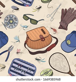 Fishing seamless pattern. Fly fishing lures and gears sketch style vector illustration