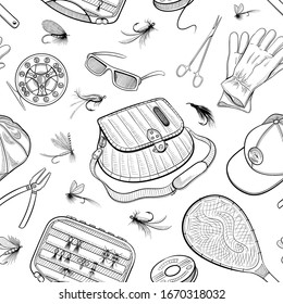 Fishing seamless pattern. Fly fishing lures and gears sketch style outline vector illustration