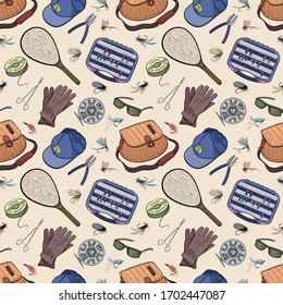 Fishing seamless pattern. Fly fishing lures and gears sketch style vector illustration