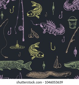 Fishing seamless pattern. Hand drawn vector illustration with fishes and rods. 