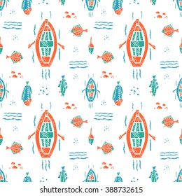 Fishing seamless pattern in naive lino style