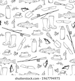 fishing seamless pattern. Fishing set elements hand drawing outline