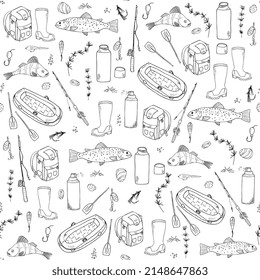 fishing seamless pattern. Fishing set elements hand drawing outline