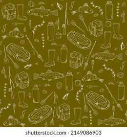 fishing seamless pattern. Fishing set elements hand drawing outline