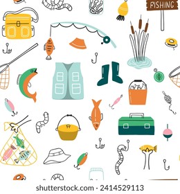 Fishing seamless pattern. Vector background with fishing rod, bow, rubber boots, fish, fishing net, earthworm. 