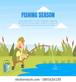 Fishing Season Banner Template, Funny Fisherman Character Standing on Lake Shore and Catching Fish with Rod Cartoon Vector Illustration