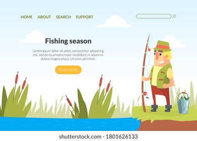 Fishing Season Landing Page Template, Funny Fisherman Character Standing on Lake Shore with Fishing Rod Cartoon Vector Illustration