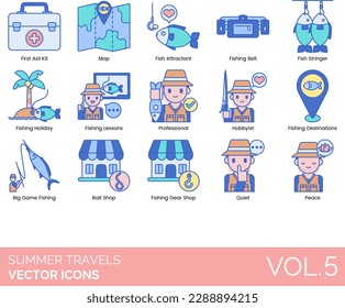 Fishing Services Icons including Fisherman, Fisherwoman, Fish Hook, Hooked, Boat, Shore Fishing, Season, Competition, Bass, Trout, Salmon, Crab, Crab Net, Boat