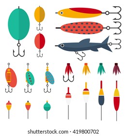 Fishing set of accessories for spinning fishing with crankbait lures and twisters and soft plastic bait fishing float