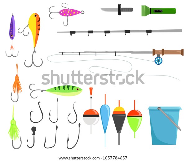 Fishing set of accessories. For spinning\
fishing with crankbait lures and twisters and soft plastic bait\
fishing float. Knife flashlight and bucket. Vector illustration\
isolated on white\
background.