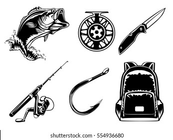 Fishing set of Bass, jacket, rod, back pack, hook and reel isolated on white.