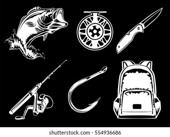 Fishing set of Bass, jacket, rod, back pack, hook and reel isolated on white.