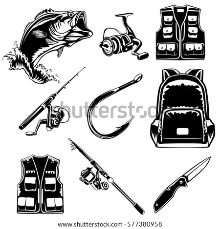 Fishing set of Bass, jacket, rod, back pack, hook and reel isolated on white.