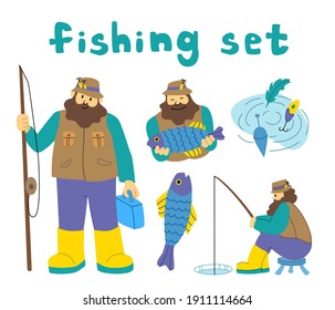  Fishing set. Bearded fisherman caught a big catch. Flat trendy style vector illustration