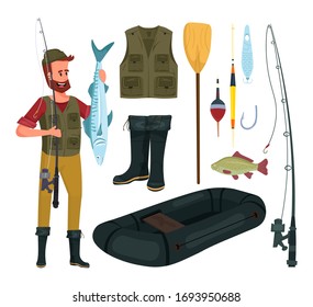 Fishing set cartoon vector illustration isolated on white background. Fishing rod, vest, oar, bait, boots, floats, hook, fish, inflatable boat, fisherman. 