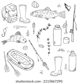 fishing set of elements. Hand drawing outline, isolated