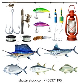 Fishing set with equipment and fish illustration