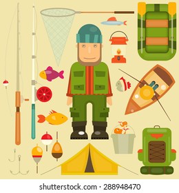 Fishing Set: Fisherman and Equipment for Fishing: Fishing Rod, Hooks, Boat, Fish, Tent, Bobber. Layered file. Vector illustration.