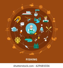 Fishing set of flat isolated fishing tackle icons and sailing equipment signs arranged along concentric circles vector illustration