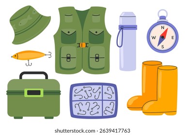 Fishing set. Hook, lure, bait, fish tackles in box, vest, boots,thermos, compass. Angling and spinning equipment. Hand drawn flat vector illustration isolated on white background