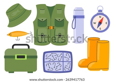 Fishing set. Hook, lure, bait, fish tackles in box, vest, boots,thermos, compass. Angling and spinning equipment. Hand drawn flat vector illustration isolated on white background