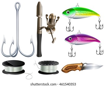 Fishing set with hooks and knife illustration