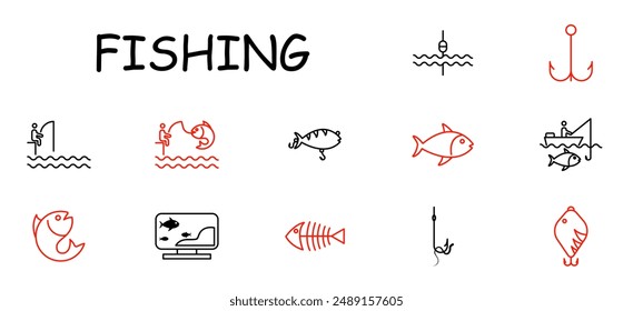 Fishing set icon. Angler, fishing rod, fish, fishing boat, bobber, hook, bait, fish tank, fishbone, fisherman.