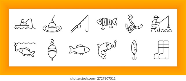 Ícone do conjunto de pesca. Ícones de barco, flutuador, haste, gancho, peixe, botas e isca mostrados em um estilo mínimo representando atividades de pesca, artes e contextos relacionados a água doce ou esporte.