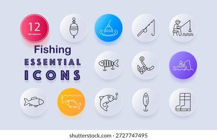 Symbol für Angelsatz. Bobber, Haken, Rute, Fisch, Fischer, Boot, Köder, Stiefel, Wasseroberfläche in skizzierten Angeln und Freizeitfischerei Thema gezeigt.