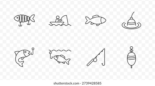 Fishing set icon. Fish, boat, hook, float, rod, line, bait, catch, water, sea, angling, sport, equipment