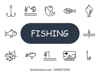 Fishing set icon. Hook, fisherman, fish, skeleton, boat, lure, bobber, rod, net, underwater, ocean, lake, sport, hobby, tackle, bait, angling, water, catch, seafood.