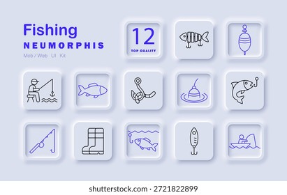 Fishing set icon. Hooks, bait, rod, fish, float, boat, boots, lure, fisher, sonar tools and action from recreational or sport fishing.