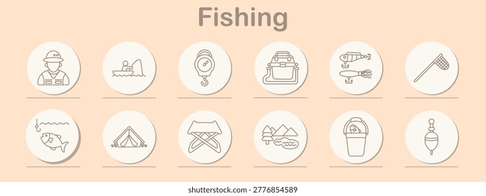 Fishing set icon. Line symbols depict fisherman portrait, angler in boat, hanging scale, tackle box, fishing lure, landing net, hooked fish, camping tent, folding chair, mountain lake