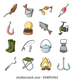 Fishing set icons in cartoon style. Big collection of fishing vector symbol stock illustration