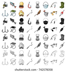 Fishing set icons in cartoon style. Big collection of fishing vector symbol stock illustration