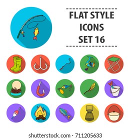 Fishing set icons in flat style. Big collection of fishing vector symbol stock illustration