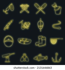 Fishing set icons in neon style isolated on a black background